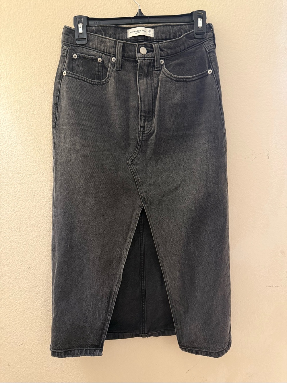 Abercrombie & Fit High-Waist Black Denim Midi Skirt with Front Slit